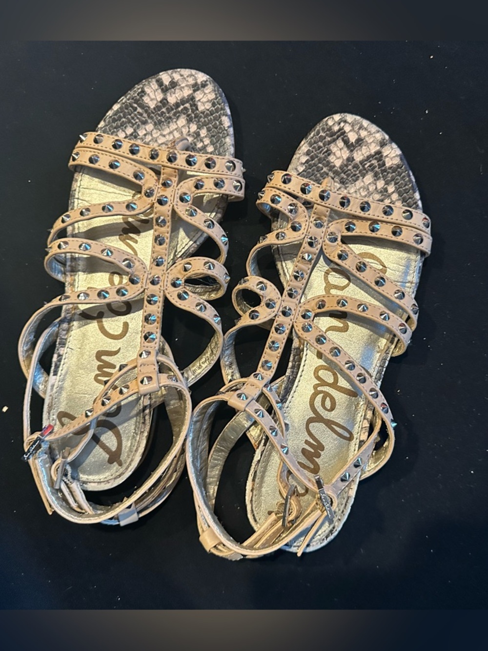 Sam Edelman Beige Studded Strappy Sandals with Snakeskin Print gladiator style 7